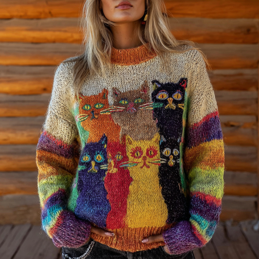 Retro Fun Cat Lady Round Neck Knitted Sweater elevenforest