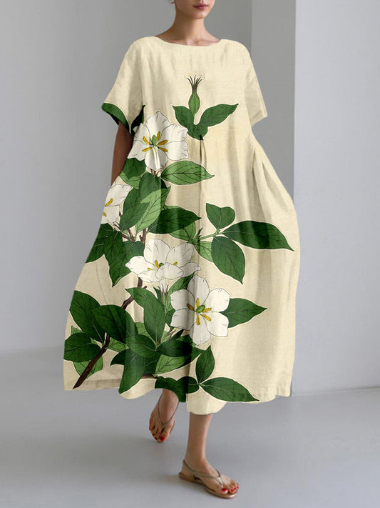 Comstylish Cape Jasmin Japanese Art Linen Blend Midi Dress