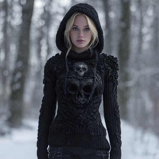 Women's Vintage Celtic Knot Skull And Roses Knitted Hooded Sweater elevenforest
