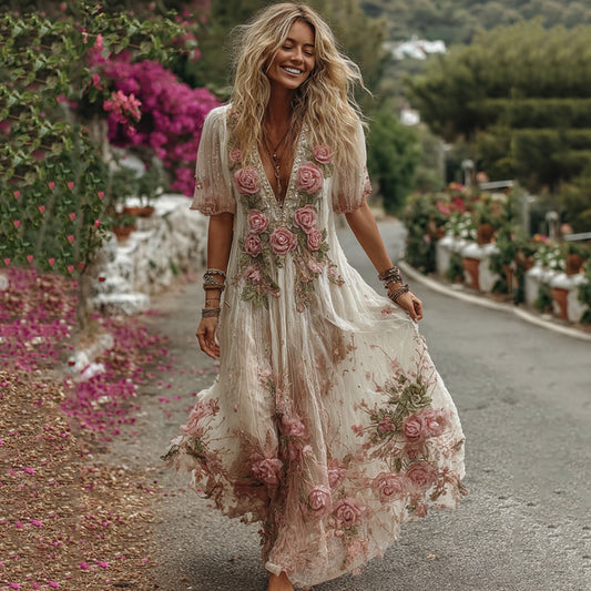 Women's Vintage Pink Rose Floral Embroidery Art Comfy Linen Maxi Dress artswardrobe