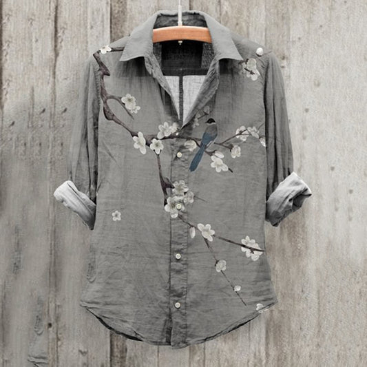 Comstylish Plum Blossom Bird Art Print Long Sleeve Cotton And Linen Shirt