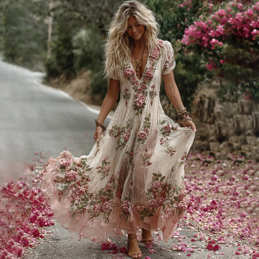 Women's Vintage Floral Embroidery Art Comfy Linen Maxi Dress artswardrobe
