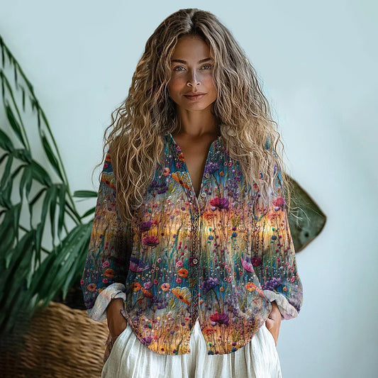 Vintage  Gradient Flowers Embroidered Linen Print  Long Sleeve Shirt artswardrobe