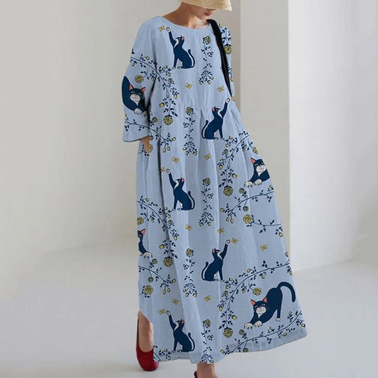 Women's Animal Cats And Floral Print Casual Midi Dress elevenforest