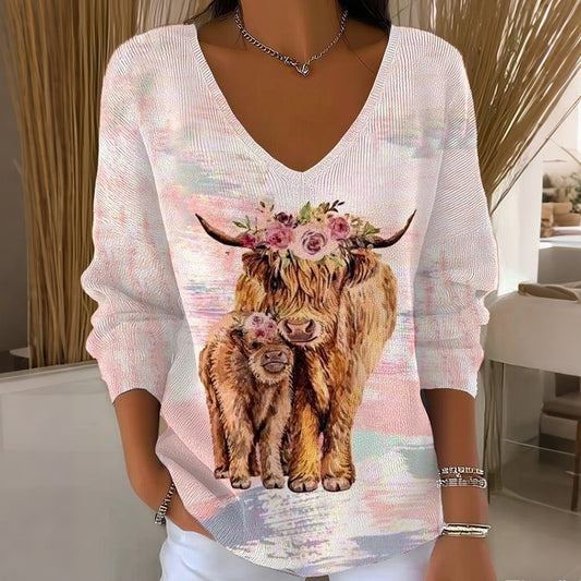 Women's Highland Cow Print V-neck Knit Sweater artswardrobe