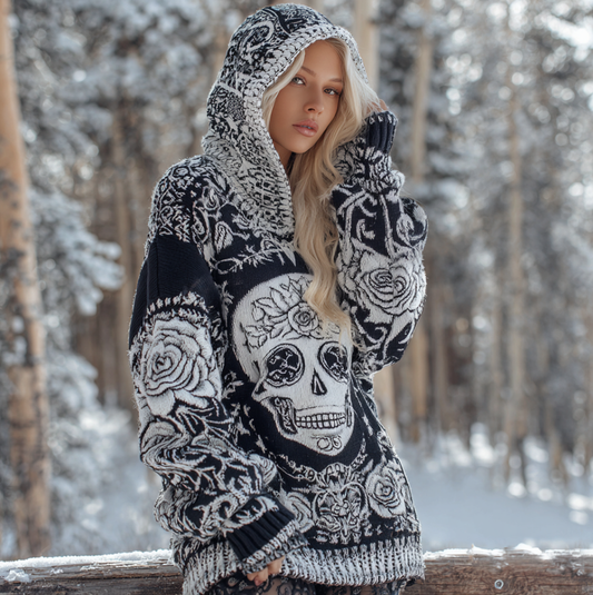 Halloween Skeleton Element Viking Style Women's Hooded Pullover Knit Sweater artswardrobe