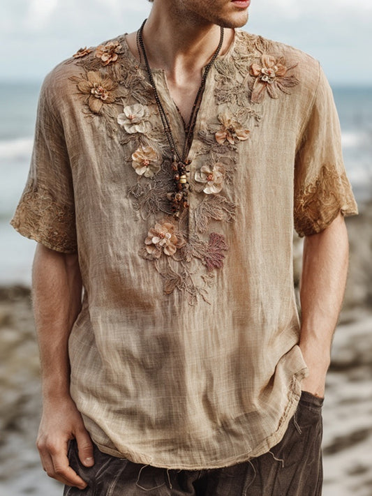 Boho Floral Lace Embroidered Men's Linen V-neck Shirt artswardrobe
