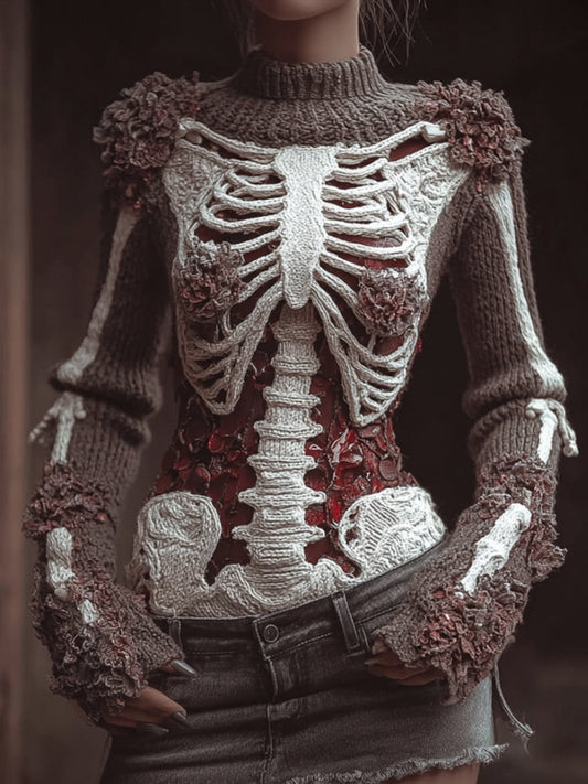 Women's Halloween Skeleton Art High Collar Sweater artswardrobe