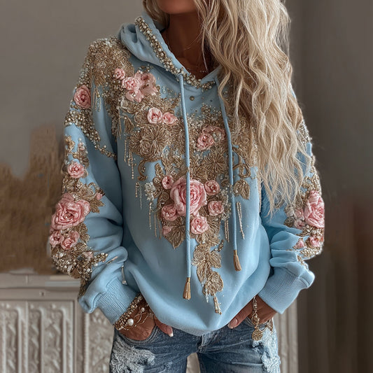 Comstylish Women's Vintage Pink Flower Embroidery Art Long Sleeve Hoodie