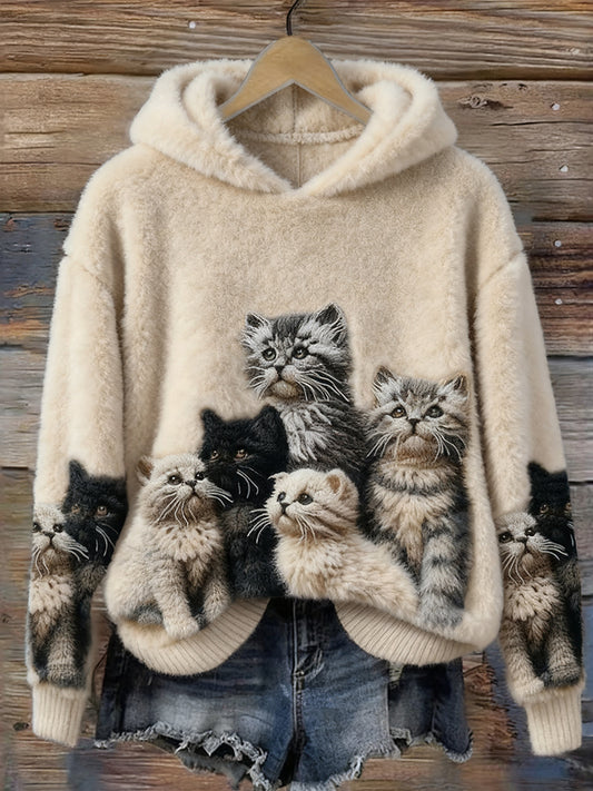 Comstylish Lovely Fuzzy Cats Art Cozy Plush Hoodie