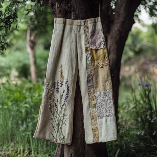 Women's Floral Patch Linen Comfort Casual Pants artswardrobe