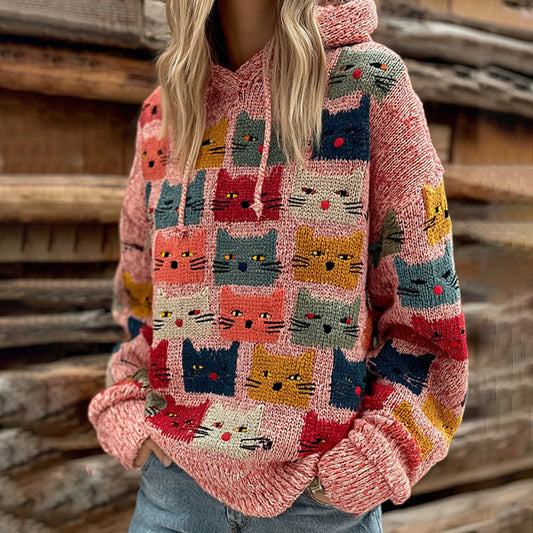 Women's Colorful Cats Pattern Art Cozy Knit Hooded Sweater elevenforest