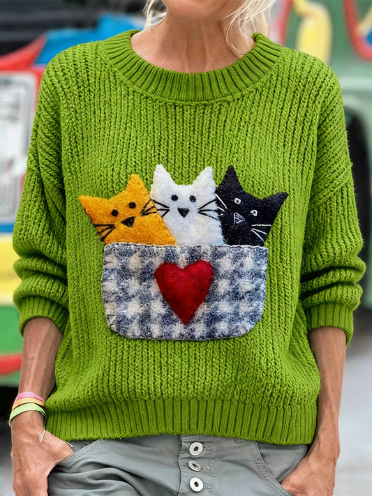 Cute Cats Felt Art Round Neck Cozy Knit Sweater elevenforest