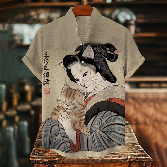 Men's Japanese Cat Geisha Art Print Short Sleeve Shirt elevenforest