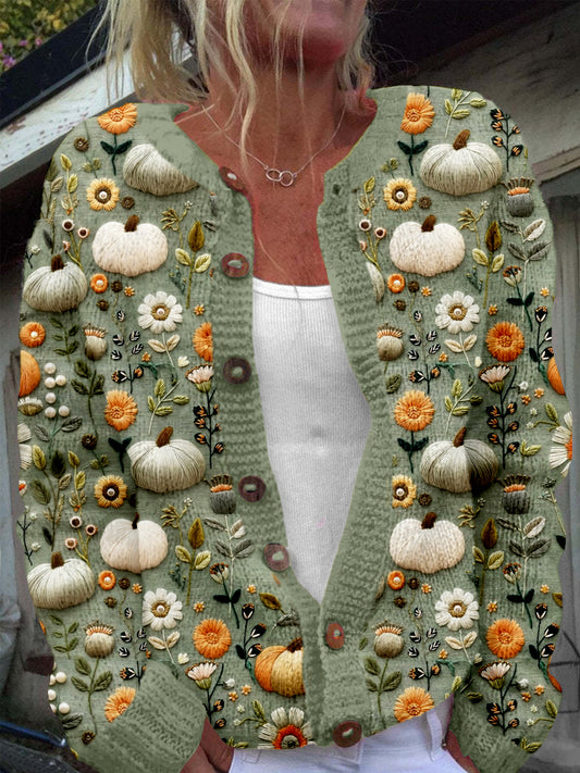 Fall Pumpkins Embroidered Cozy Knit Cardigan artswardrobe