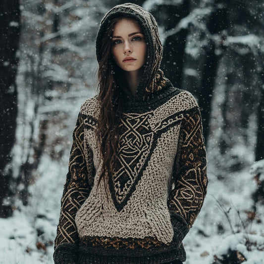 Women's Viking Totem Celtic Knot Vintage Pocket Hooded Sweater elevenforest