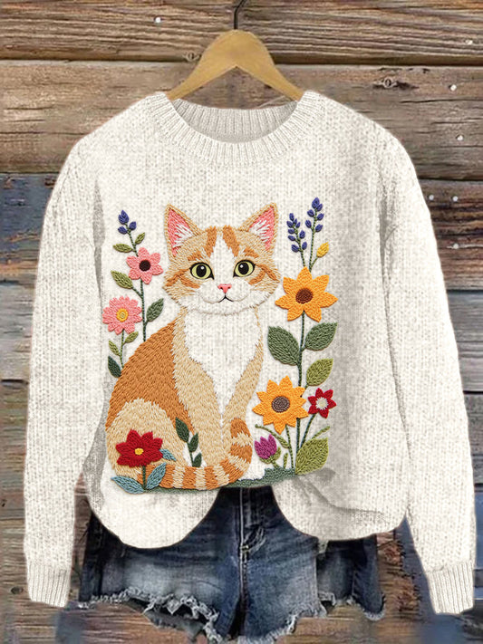 Embroidered Floral Cat Cozy Knit Sweater elevenforest