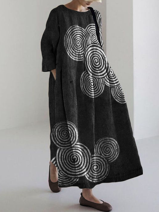 Comstylish Sea Waves Ripples Japanese Lino Art Linen Blend Maxi Dress