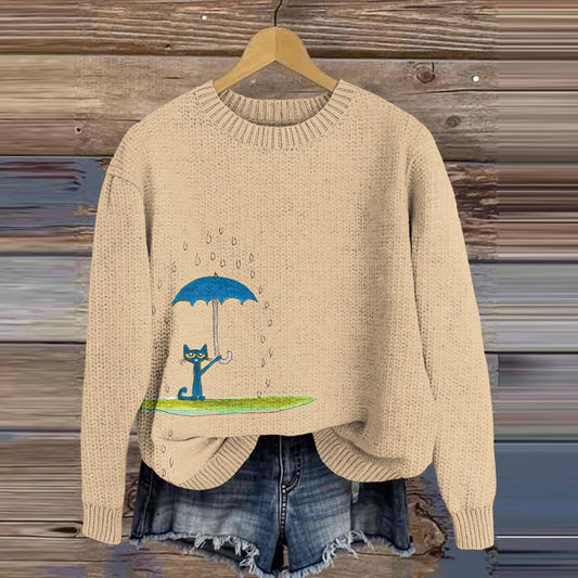 Cats In The Rain Art Print Knit Sweater elevenforest