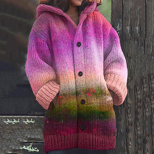Fashionable Oil Painting Gradient Floral Knitted Cardigan Sweater artswardrobe