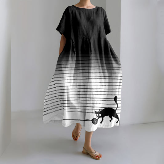 Comstylish Gradient Lines Abstract Cat Art Graphic Linen Blend Maxi Dress