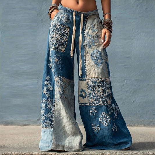 Comstylish Boho Floral Japanese Sashiko Colorblock Flowy Wide Leg Linen Pants