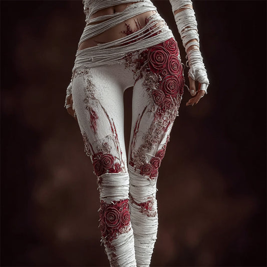 Comstylish Halloween Bloody Glitter Roses Bandages Cozy Knit Leggings