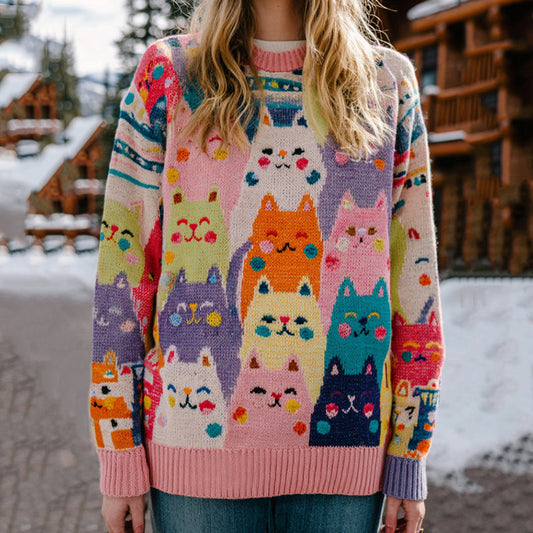Colorful Cats Pattern Art Cozy  Knit Sweater elevenforest
