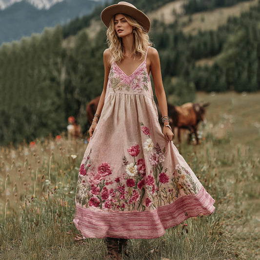 Love & Health Collection Retro Western Women Style Vintage Gradient Pink Striped And Floral Patchwork Art Linen Suspender Dress artswardrobe