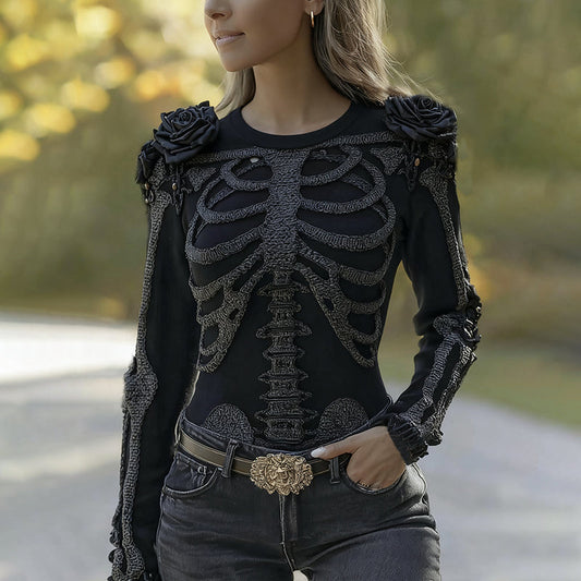 Women's Halloween Skeleton Bones With Roses Art Knitted Warm Sweater artswardrobe