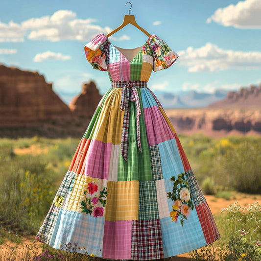 Women's Vintage Plaid Floral Patchwork Linen V-neck Short Sleeve Dress artswardrobe