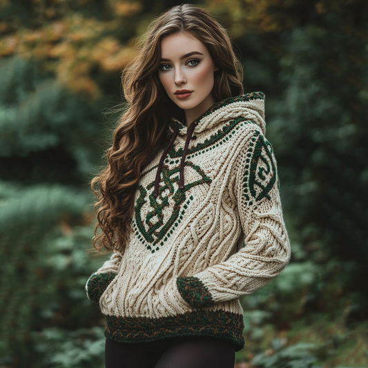 Women's Irish Celtic Knot Jacquard Mottled Hooded Sweater artswardrobe