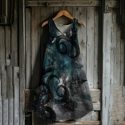 Japanese Octopus Gradient Art Linen Tank Dress artswardrobe