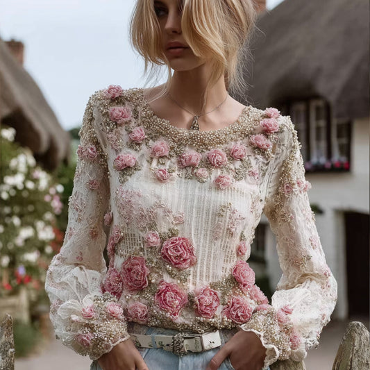 Comstylish Bohemian Vintage Rose Round-neck Top