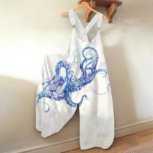 Comstylish Vacation Casual Octopus Watercolor Art Print Loose Casual Jumpsuit