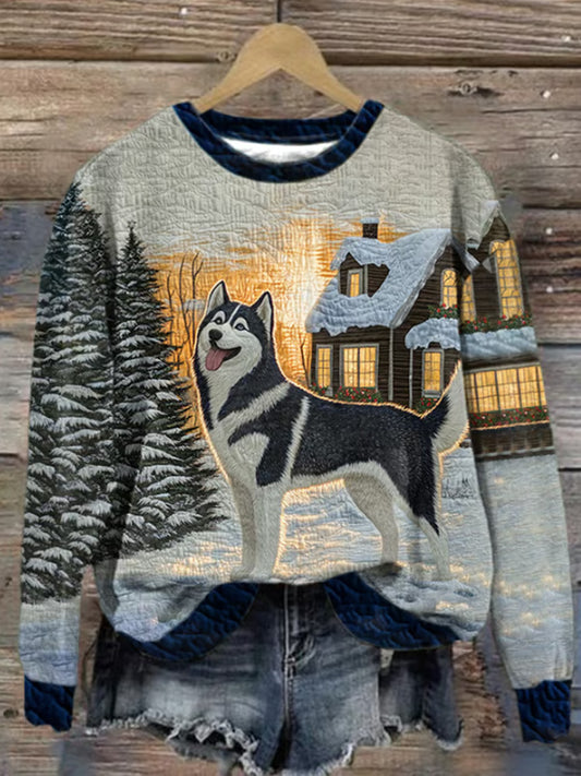 Comstylish Retro Husky In The Snow In Winter Print Sweatshirt