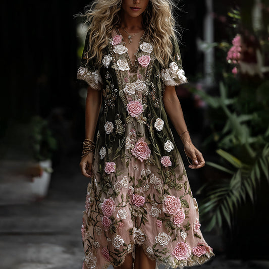 Women's Classic Romantic Pink Rose Embroidery Art Comfy Linen Midi Dress artswardrobe