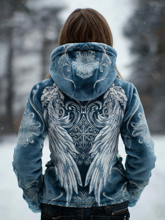 Comstylish Vintage Angel Wings Pattern Cozy Plush Hoodie