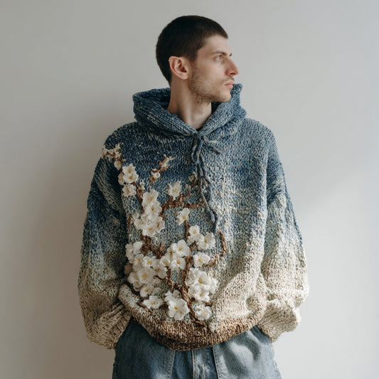 Men's Japanese Almond Blossom Gradient Warm Hooded Sweater elevenforest