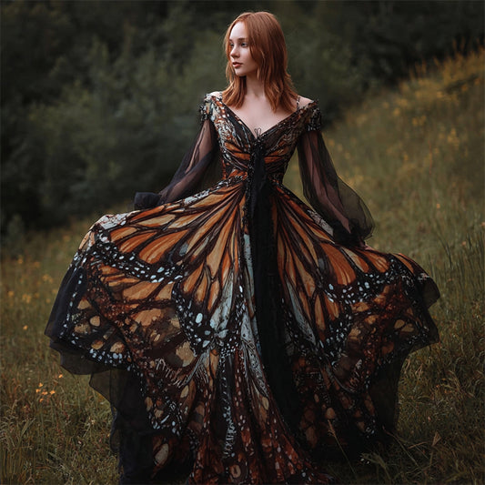 Comstylish Vintage Butterfly Inspired Wide Skirted Flowy Maxi Dress