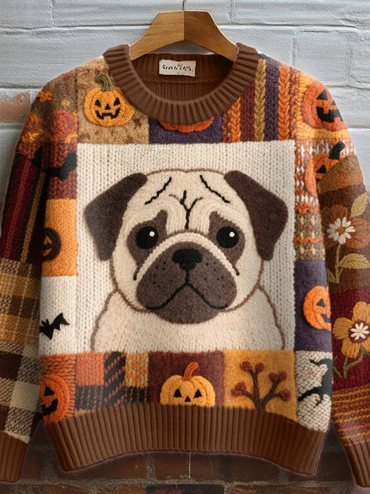 Women's Cute Pug Pattern Cozy Knit Sweater elevenforest