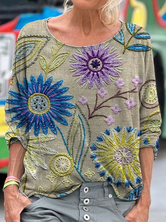 Floral Embroidery Pattern Women's Linen Long Sleeve T-shirt artswardrobe
