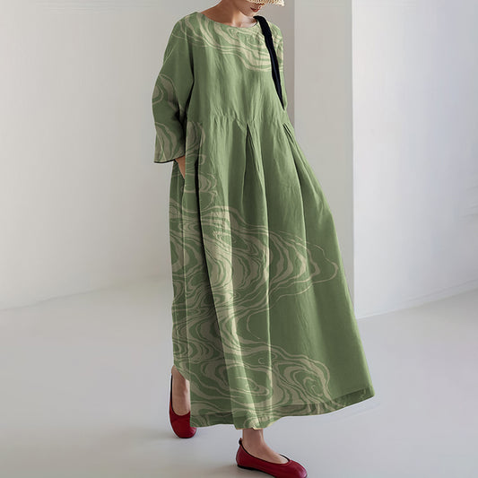 Comstylish Japanese Sea Wave Print Linen Blend Cozy Maxi Dress