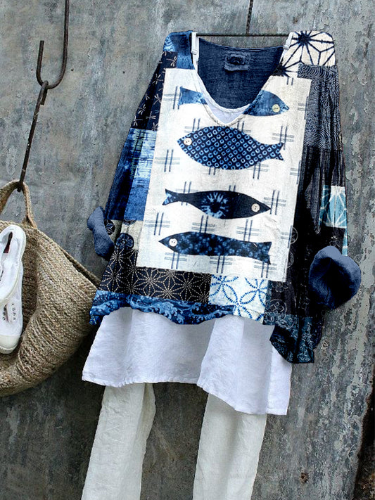 Comstylish Patchwork Japanese Art Pattern Linen Blend Tunic