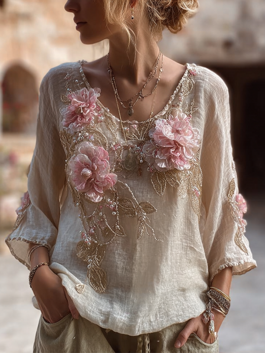 Comstylish Bohemian Style Round Neck Short Sleeve Three-dimensional Flower Design Women's Thin Top