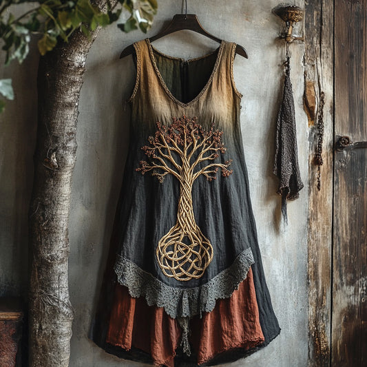 Viking Tree Of Life Lace Gradient Art Linen Tank Dress artswardrobe