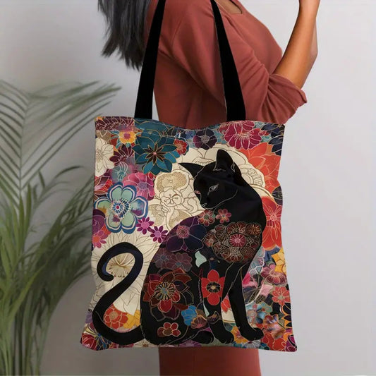 Comstylish Japanese Cat Vintage Floral Print Canvas Bag