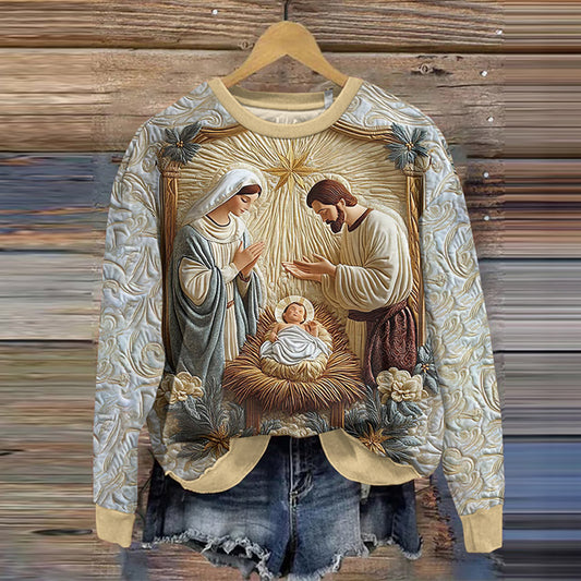 Comstylish Christmas Nativity Print Crew Neck Sweatshirt