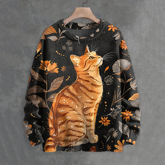 Men's Orange Cat Floral Art Print Casual Knit Crew Neck Sweater elevenforest