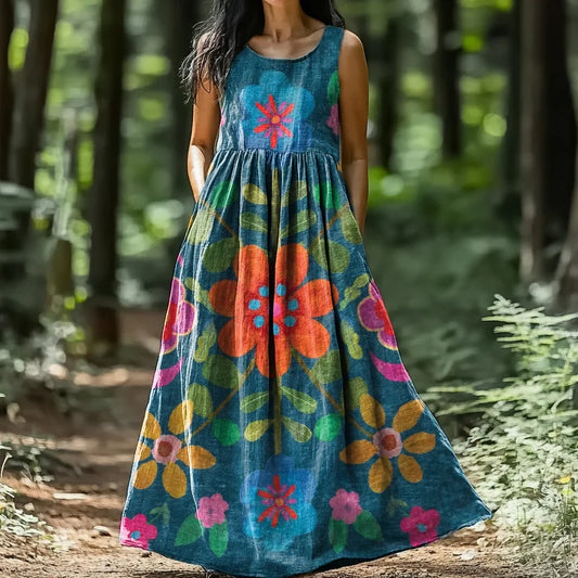 Vintage Bohemian Floral Art Linen Tank Midi Dress artswardrobe